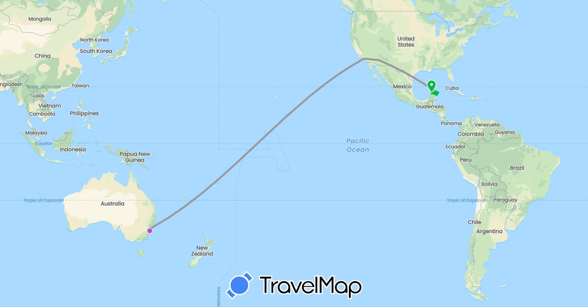 TravelMap itinerary: driving, bus, plane, train, boat in Australia, Mexico, United States (North America, Oceania)